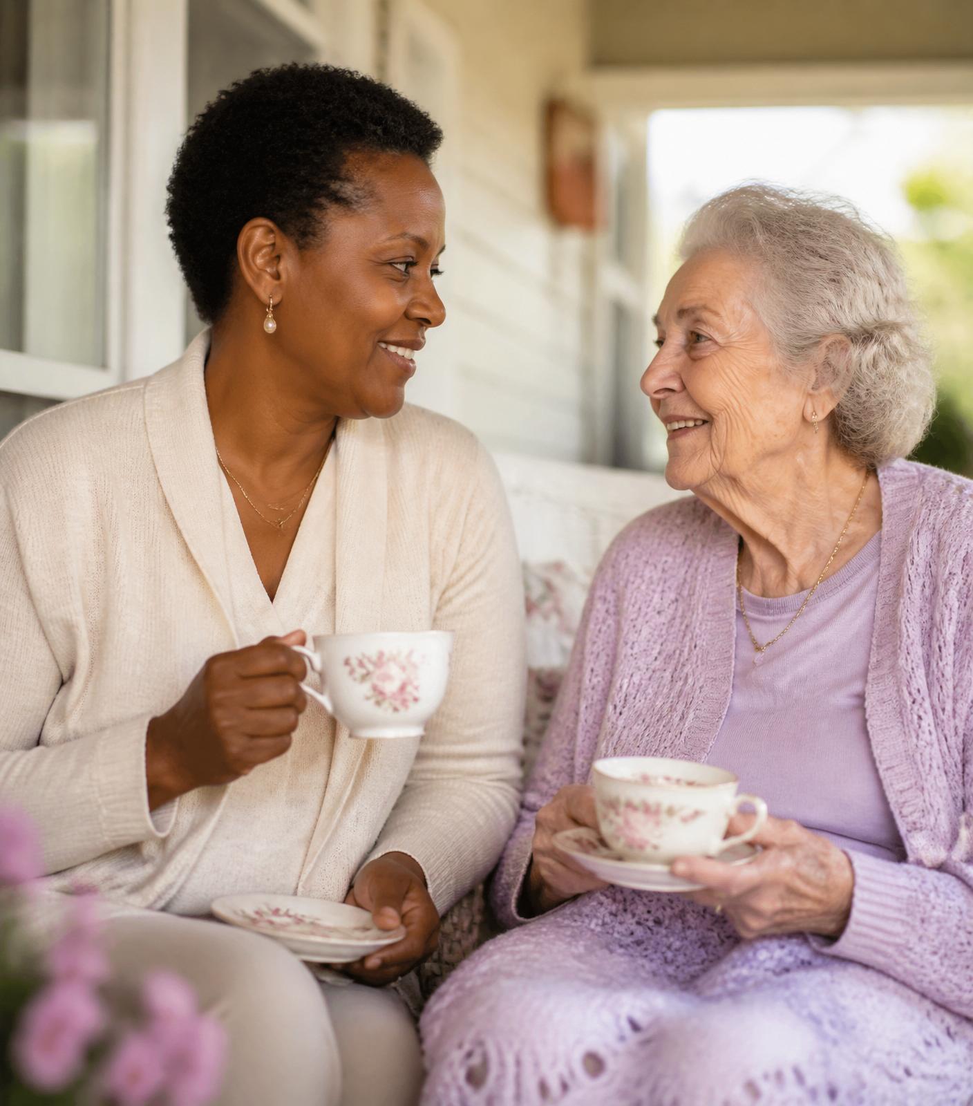 A caregiver and elderly woman sharing tea on a sunlit porch